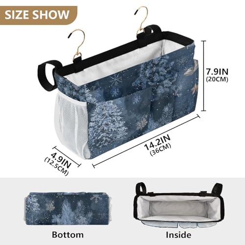 Bedside Caddy Metal Frame Hanging Organizer Bunk Bed Dorm Accessories Hook And Loop Storage Bag Large Pockets Denim Tree Present Christmas - color: Denim Tree Present Christmas