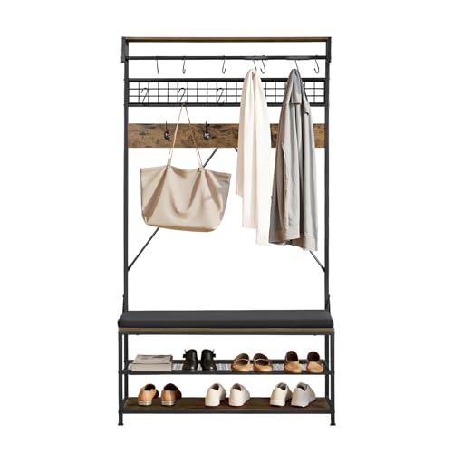 VEVOR Hall Tree with Bench and Shoe Storage, 2 Tier Entryway Bench with Coat Rack, Shoe Rack Storage Organizer with Soft Cushion, Hooks and Hanging Rod for Entryway, Hallway - size: 72" * 40"