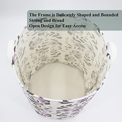 Mziart Collapsible Laundry Basket, Floral Printing Large Laundry Hamper for Baby Girls Kids Toys Clothes Organizer Foldable Storage Bin Waterproof Canvas Nursery Storage Basket with Handles (Purple) - color: Purple