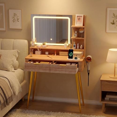 Garvee Makeup Vanity Desk with Mirror and Lights, Fluted Design, 31 in Small Storage Cabinet & 2 Drawers, 3 Lighting Modes, Stylish Dressing Table for Bedroom - color: Wood