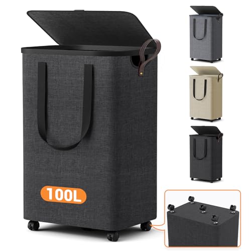 Laundry Basket with 5 Wheels, Tall Dirty Laundry Hamper, Rolling Laundry Basket with Lid, Large 100L Collapsible Clothes Hamper for Laundry Room Bedroom Bathroom Dorm, Dark Gray - color: Deep Gray, size: 100L
