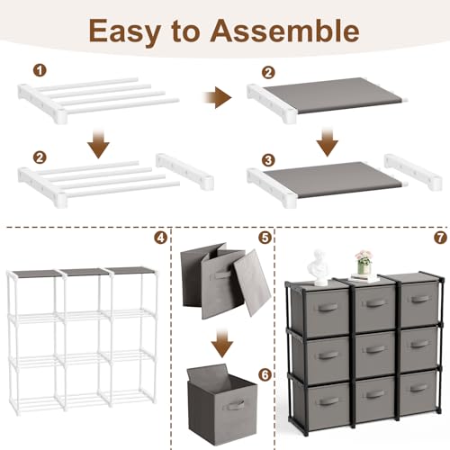 Briwooody 9 Cube Storage Organizer Bins with Shelf 11'' Toy Storage Box Back to School Dorm Organizers Fabric Unit for Playroom Book (Grey) - color: Grey