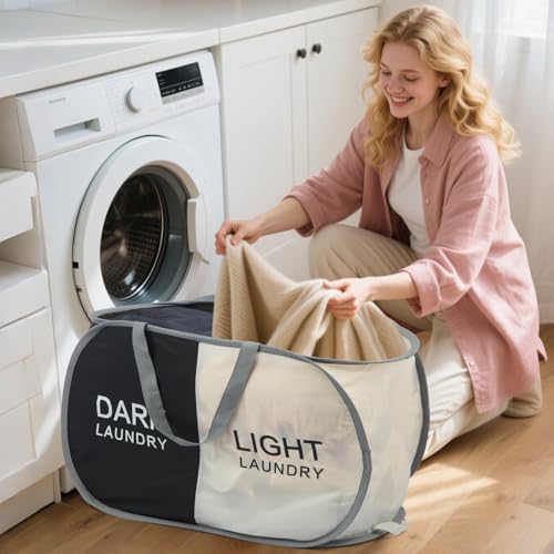 Seefoo Dual Compartment Laundry Hamper with Handles, Collapsible Laundry Baskets 2-Section, Dark/Light Labeled Storage Foldable Clothes Hamper for Laundry, Portable for Small Spaces, Apartment, Dorm - style: 2 Compartment B