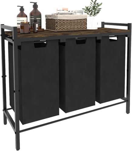10 x 3 Gal Large Laundry Hamper with 3 Pull-Out & Removable Sorter Bags, Freestanding Clothes Basket Organizer for Clothing or Toys in Bathroom and Living Room, Rustic Brown and Black - size: 3 Section without wheels