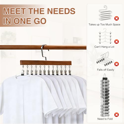 2Pcs Loset Organizer with 12 Clips,Wooden Wangers with Wlips,Wace Saving Hanging Closet Organizer,Space-Saving Hat Scarf Clothespins,Pant Hangers with Clips(Brown)