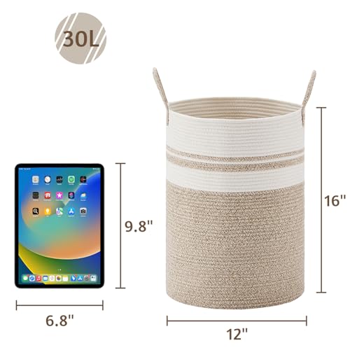 VIPOSCO Tall Laundry Hamper, Woven Rope Storage Basket for Blanket, Toys, Dirty Clothes in Living Room, Bathroom, Bedroom - 30L Brown & White - color: Brown & White, size: 30L