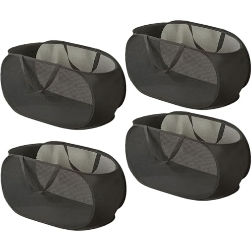 4 Piece Popup Mesh Laundry Basket Durable Handles Collapsible Laundry Baskets Folding Clothes Pastic Hamper for Laundry Room College Dorm (Black) - color: Black