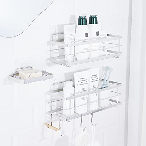 KINCMAX Premium Shower Caddy with Soap Holder, 2-Pack Adhesive Organizer, No Drill Bathroom Shelves, Rustproof Stainless Steel Shelves for Inside Shower, Storage Rack, Silver - color: Polished Silver 02 + Soap Holder