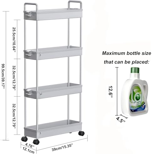 SOLEJAZZ Slim Rolling Storage Cart with Wheels 4 Tier Skinny Bathroom Storage Organizer Narrow Shelf Unit Thin Laundry Room Utility Cart for Bedside Kitchen Office Next to Fridge Small Places, Gray - color: Grey, size: 4-Tier, 4.76"D