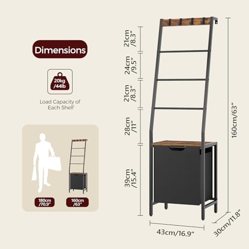 MAHANCRIS Blanket Ladder, 4-Tier Towel Rack with Pull-Out Laundry Basket & Removable Hooks, Ladder Shelf Stand, Wall-Leaning Blanket Rack for Living Room, Bedroom, Rustic Brown and Black TRHR4401