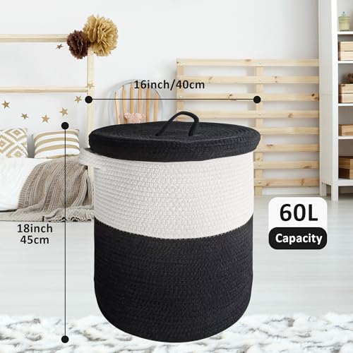 Large Storage Basket with Lid 60L, 16"Wx18"H Woven Laundry Hamper Basket with Handle, Room Decor Cotton Rope Wicker Basket Toy Organizer Bins for Clothes Blankets Pillows, Black/White Mix includes Lid - color: Black/White Mix-16"Wx18"H