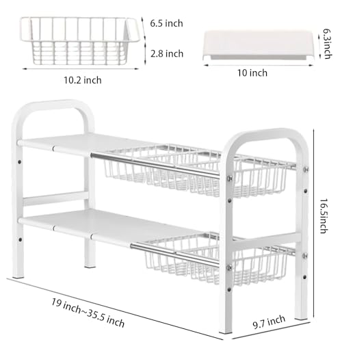 Under Sink Organizer，2 Tier Expandable Heavy Duty Metal Shelf，with 5 Removable Panels and 5 Storage Basket for Under Kitchen Bathroom Sink Organizers and Storage(White, Large) - color: White, size: Large