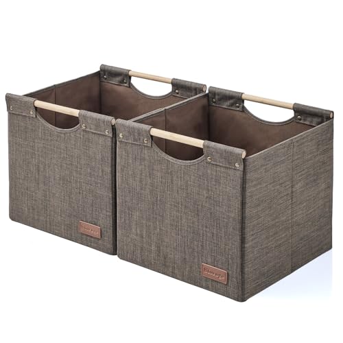 KAKAMAY Collapsible Cube Storage Bins 15x13x13 Inches Brown 2-Pack, Foldable Storage Organizer Wooden Handles Fabric Baskets for Living Room Shelves, Bedroom Nursery Closet Toys, Clothes, Laundry - color: Brown