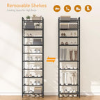 usikey 10 Tiers Narrow Shoe Rack 20-30 Pairs, Sturdy Metal Tall Shoe Rack Shelf with 4 Hooks, Slim Shoe Storage with Metal Shelf, Space Saving Vertical Shoe Organizer for Entryway Black UNYXJX018H - color: 10 Tier ( 17.9 X 11 X 69.2 Inches)-black