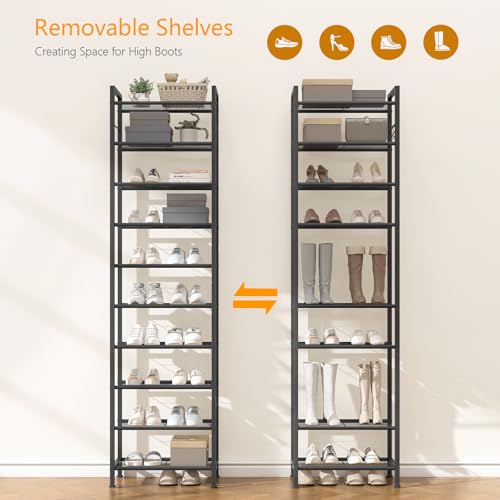 usikey 10 Tiers Narrow Shoe Rack 20-30 Pairs, Sturdy Metal Tall Shoe Rack Shelf with 4 Hooks, Slim Shoe Storage with Metal Shelf, Space Saving Vertical Shoe Organizer for Entryway Black UNYXJX018H - color: 10 Tier ( 17.9 X 11 X 69.2 Inches)-black
