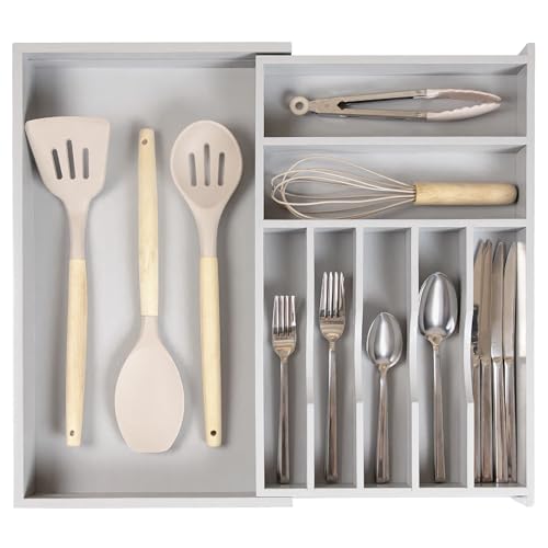 KitchenEdge Premium Silverware, Flatware and Utensil Organizer for Kitchen Drawers, Food-Safe Contract Grade, Expandable from 10.5 to 19 In, Gray Bamboo - color: Gray Bamboo, size: From 10.5" to 19" wide