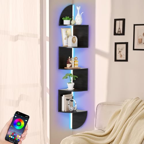 Waipfaru Corner Shelf, 5 Tier Bookshelf with LED Light, Corner Shelf Wall Mounted, Floating Shelves for Wall, Display Stand for Bedroom, Living Room, Bathroom, Home, Office, Black - color: Black