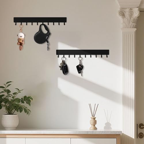 Key Holder Wall Mount,14in with 10 Hooks,Black Metal Key Hanger for Car Key Ring,Suitable for Entrances/Door/Living Rooms/Kitchen/Offices（2 Sets）