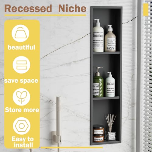 Tall Niche Three-Tiered Shelves Embedded in The Wall，Shower Niche No Tile Needed for Bathroom Niche Decor ，Stainless Steel（Black 8"x 36"） - color: Black, size: 36 * 8 in