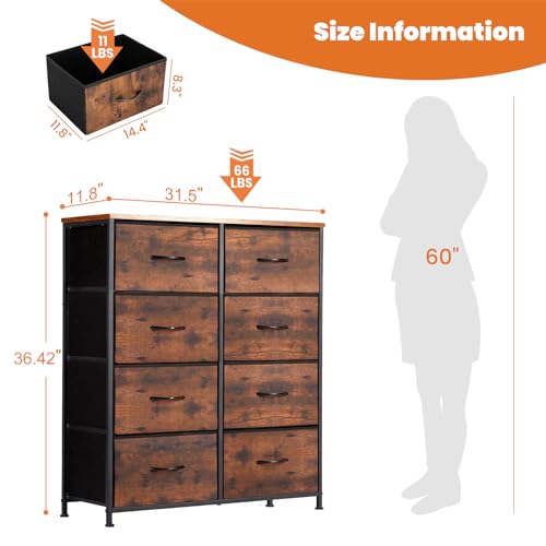 Sweetcrispy Dresser for Bedroom with 8 Storage Drawers, Large Fabric Storage Tower Organizer, Chest of Drawers with Metal Frame Wooden Top for Closet, Living Room, Entryway,Brown - color: Brown, size: 31.5"D x 11.8"W x 36.4"H (8 Drawers)