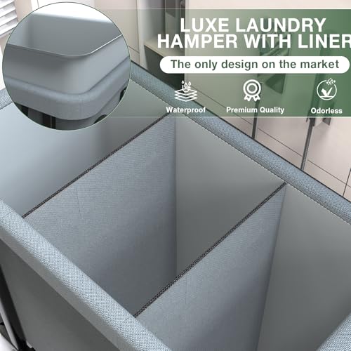 60 Gal (230L) High Grade Large Laundry Basket with Wheels, Rolling Laundry Hamper, Laundry Cart with Metal Frame and Removable Bag Design, Suitable for Laundry Room, Bedroom (Grey, 3 Section 230L) - color: Grey, size: 3 Section 230L