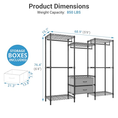 VIPEK V20 Plus Clothes Rack, Metal Clothing Rack with 6 Shelves, 5 Hanging Rods & 2 Fabric Drawers, Freestanding Garment Rack for Bedroom & Walk-in Closet, Large Wardrobe Closet Max Load 850LBS, Black - color: Black, style: V20 Plus