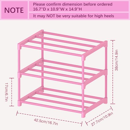 HITHIM 3-Tier Pink Shoe Racks for Women/Girls/Kids' Closet, Small Shoe Storage for 5-7 Pairs, Lightweight Stackable Shoe Shelf Organizer for Entryway, Front Door Entrance, Bedroom - color: Pink, size: 3-Tier