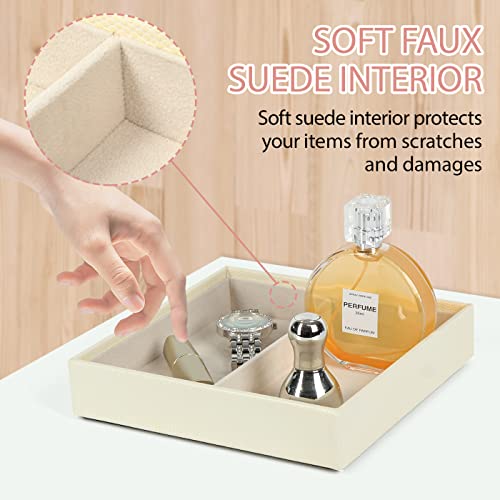 JACKCUBE Design Leather Valet Tray, Catchall Storage Women Vanity Nightstand Tray for Keys, Phones, Jewelry, Makeup, Perfume, Watches (Ivory) - MK1092B - color: Ivory- 2 Compartment