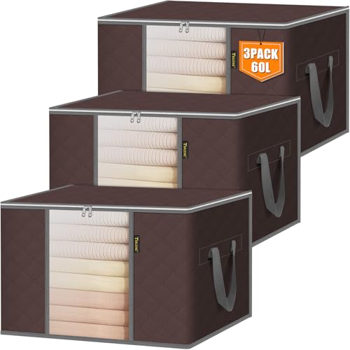 BALEINE 3 Pack Clothes Storage Bags, 16 Gallon Storage Containers with Reinforced Handle, Sturdy Zipper, Closet Organizer for Blanket, Comforter, Pillow, Bedding (Brown, 3 Pack) - color: Brown, size: 3 Pack-16 Gallon