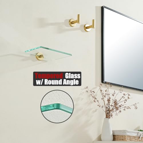 JQK Bathroom Glass Shelf Gold, Tempered Glass Shower Storage 8 by 5 inches, 304 Stainless Steel Brushed Gold Wall Mount 2 Pack, TGS101L8-BG-P2 - color: Gold, size: 8 Inch (2 Pack)