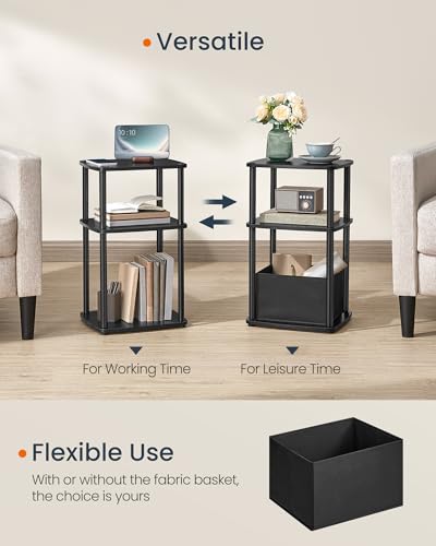 SONGMICS Home Side Table, 3-Tier Nightstand with Storage, End Table with Fabric Basket, for Bedroom, Living Room, Steel Frame, Superfast Toolless Assembly, Modern, Ebony Black ULET286B01 - color: Ebony Black, size: 1 pack