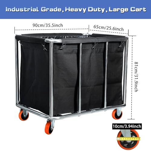 Commercial Laundry Cart with Wheels, 400L Large Capacity Heavy Duty Stainless Laundry Basket,Laundry Sorter for Clothes Storage,330 lbs Load (Black) - color: Black