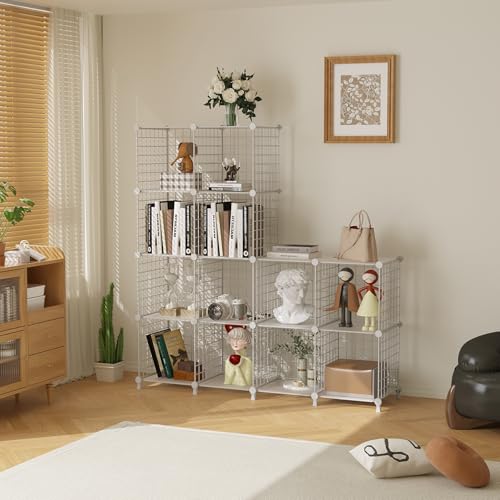 AWTATOS 12 Cube Storage Wire Closet Organizers DIY Stackable Storage Shelves Bookcase Cabinet for Home Office, White - color: White+translucent, size: 12 Cube(30x30cm)