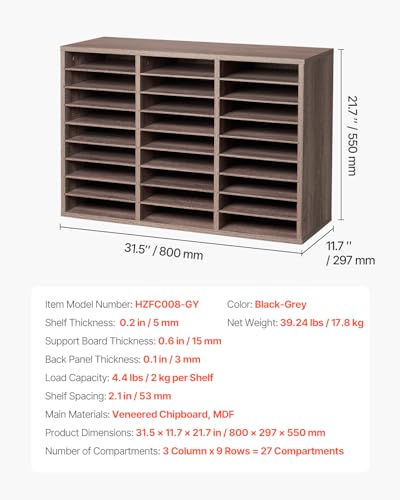 VEVOR Literature Organizer, 27 Compartments Office Mailbox with Removable Shelves, Wood Mailbox Sorter Particle Board Office Home Classroom Storage, File Sorter for File, Document, Paper, Black-Grey - color: Black-grey, size: 27 Compartments