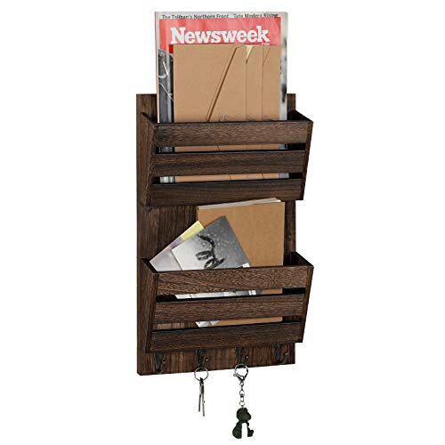 BTY Mail Holder for Wall, Wooden Mail Sorter with 4 Key Hooks, 2 Slot Wall Mounted Mail Sorter Letter Bills Newspaper Magazine Organizer for Entryroom Hallway Office Garage, Rustic Brown - color: Dark Brown