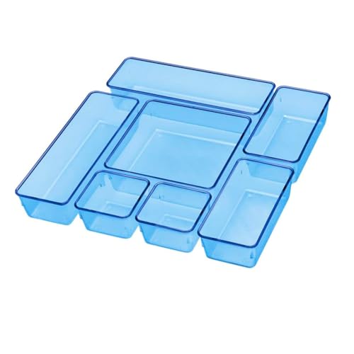 Acrimet Drawer Organizer Modular, Box Tray Storage Bins for Office, Home, Makeup, Kitchen, Junk Drawer (7 Units - 4 Sizes) (Clear Blue Plastic) - color: r.blue