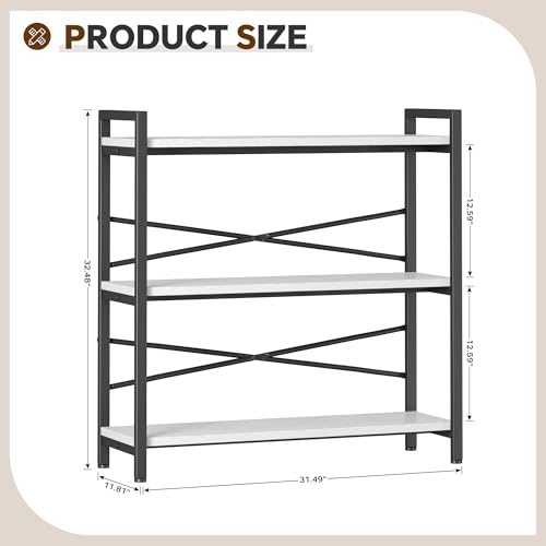 Book Shelf, 3 Tier Bookshelf 31.49" Width, Book Shelf Storage and Organization, Wooden and Metal Industrial Bookcase, Large Book Shelves for Home Living Room Bedroom Office Storage(White) - color: White, size: 3 Tier - 31.5" W