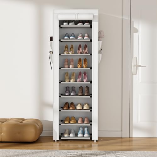 VILICK Shoe Rack with Cover Narrow Shoe Rack Organizer with 4 Side Pockets 10 Tier Tall Shoe Storage Shoe Shelf Holds 18-22 Pairs Shoes and Boots Shoe Rack for Closet, White - color: White, size: 10 Tiers-17.7" Wide