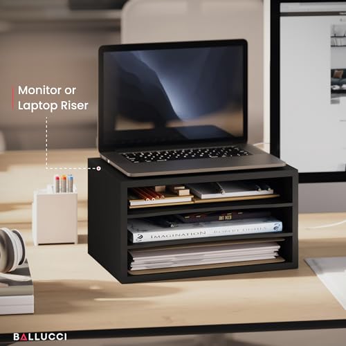 Ballucci Paper Organizer, 3-Tier Stackable Wood Desk Organizer, Document File Organizer and Mail Sorter with Adjustable Storage Shelves, Black - color: Black, size: 3 Tier Standard