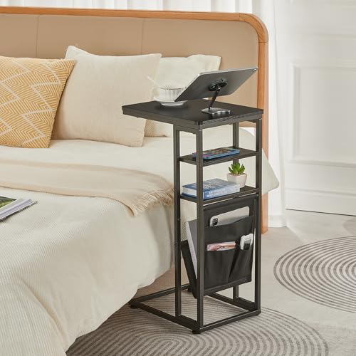 C Shaped End Table 28"(H) 3-Tier C Table with Storage Bag, Under Couch Table C-Shaped End Table with Storage Shelves and Bag for Living Room, Bedroom, or Office - color: Black, size: Wood