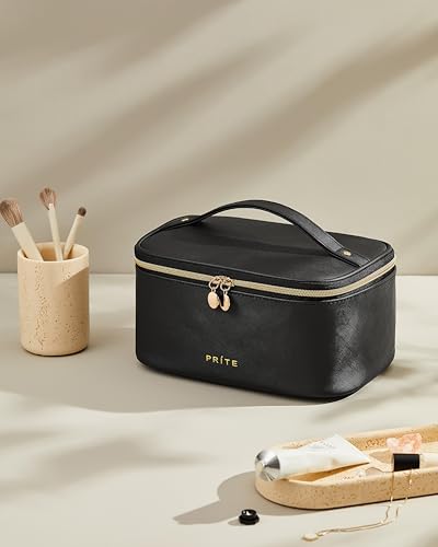 Prite Makeup Bag, Large Capacity Portable Travel Cosmetic Bag, Waterproof Makeup Organizer for Women with Handle and Divider (001 Black) - color: 001 Black
