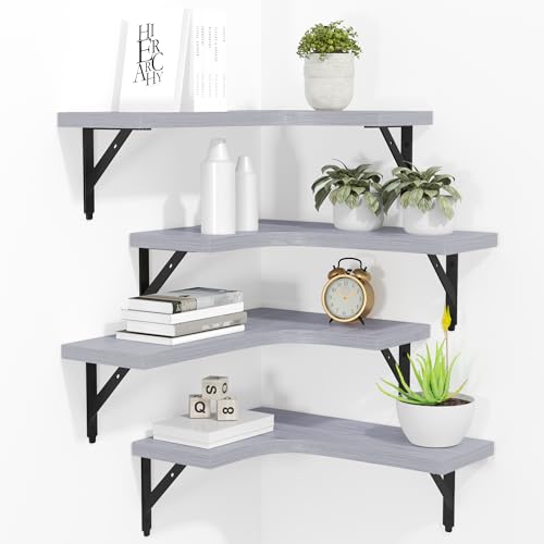 ROMGUAR CRAFT Corner Floating Shelves Wall Mounted Set of 4, Rustic Wood Storage Display Shelves for Home Decor, Bathroom, Kitchen, Bedroom, Living Room, Office (Light Grey) - color: Light Grey