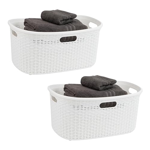 Mind Reader 40L Laundry Basket, Clothes Hamper, Wicker Design, Plastic, 23"L x 14.5"W x 11"H, Set of 2, White - color: White