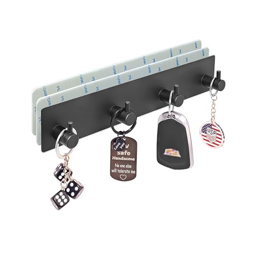 StrugDeas Key Holder for Wall with 2 Self-Adhesive Tapes， Key Hanger Organizer for Wall with 4 Hooks，Metal Key Rack for Door, Entryway, Kitchen Bathroom(Black)