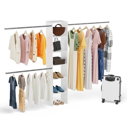 Closet System, 17" Wide Organizer with 3 Hanging Rods, Wood Tower Storage for Walk-In Closets, Wall-Mounted Wardrobe Organizer Kit, White - color: White, size: 17" Wide, style: Starter Tower