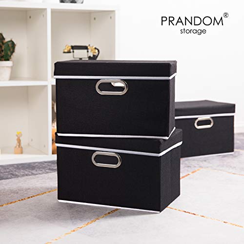 PRANDOM Foldable Storage Box with Lid [3-Pack] Fabric Collapsible Storage Bin Organizer Container Basket Cube with Cover for Home Bedroom Closet Office Nursery Black (14.9x9.8x9.8) - color: Black, size: M(3-Pack)