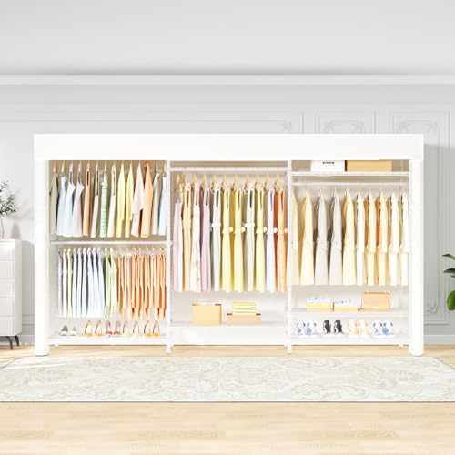 Ulif E13C Max Heavy Duty Closet Organizer System，Freestanding Clothing Racks for Hanging Clothes，Adjustable Garment Rack 86" W x16 D x77 H Hold 1100 lbs，White Rack with White Dustproof Cover - color: White Rack with White Cover, size: E13C Max