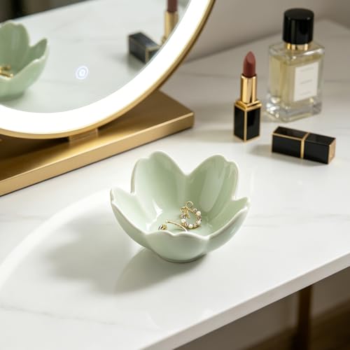 Floral Ceramic Jewelry Tray - 3.5" Elegant Ring Holder Dish & Trinket Bowl for Vanity Dresser Decor (green) - color: green
