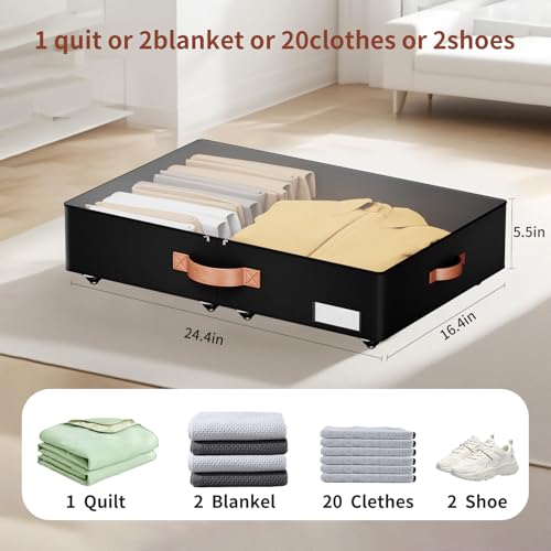 Underbed Storage With Wheels,low profile 5.5 inches Height Storage Bins,Rolling Underbed Shoe Storage Containers,Underbed Storage Drawers for clothes & blankets - color: black, size: 5.5inch height