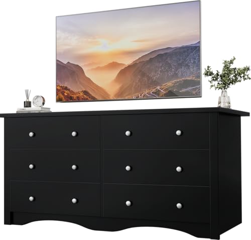 YESHOMY 58'' Dresser for Bedroom, 6 Drawer Dressers, Wood Storage Organizers Units, Hallway,Office(Black) - color: Black